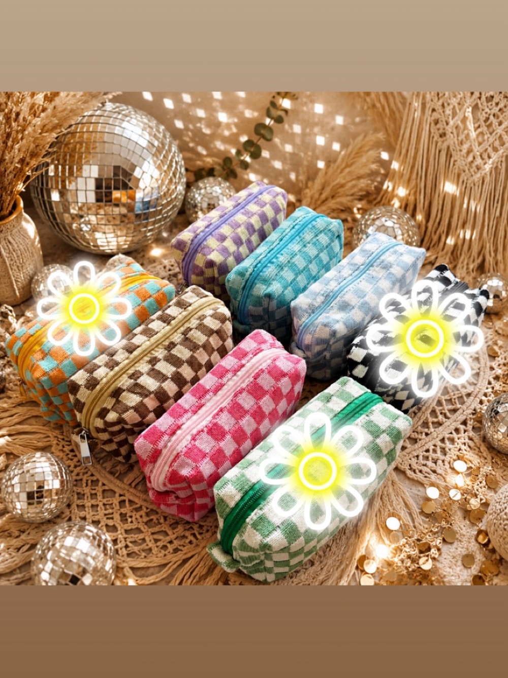 Retro Checkerboard Terry Cloth Makeup Bag | Cosmetic Pouch | Boho Travel
